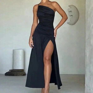 Black Sexy Women's Solid Color Asymmetrical Neck Ruffle Ruched Split Hem Dress